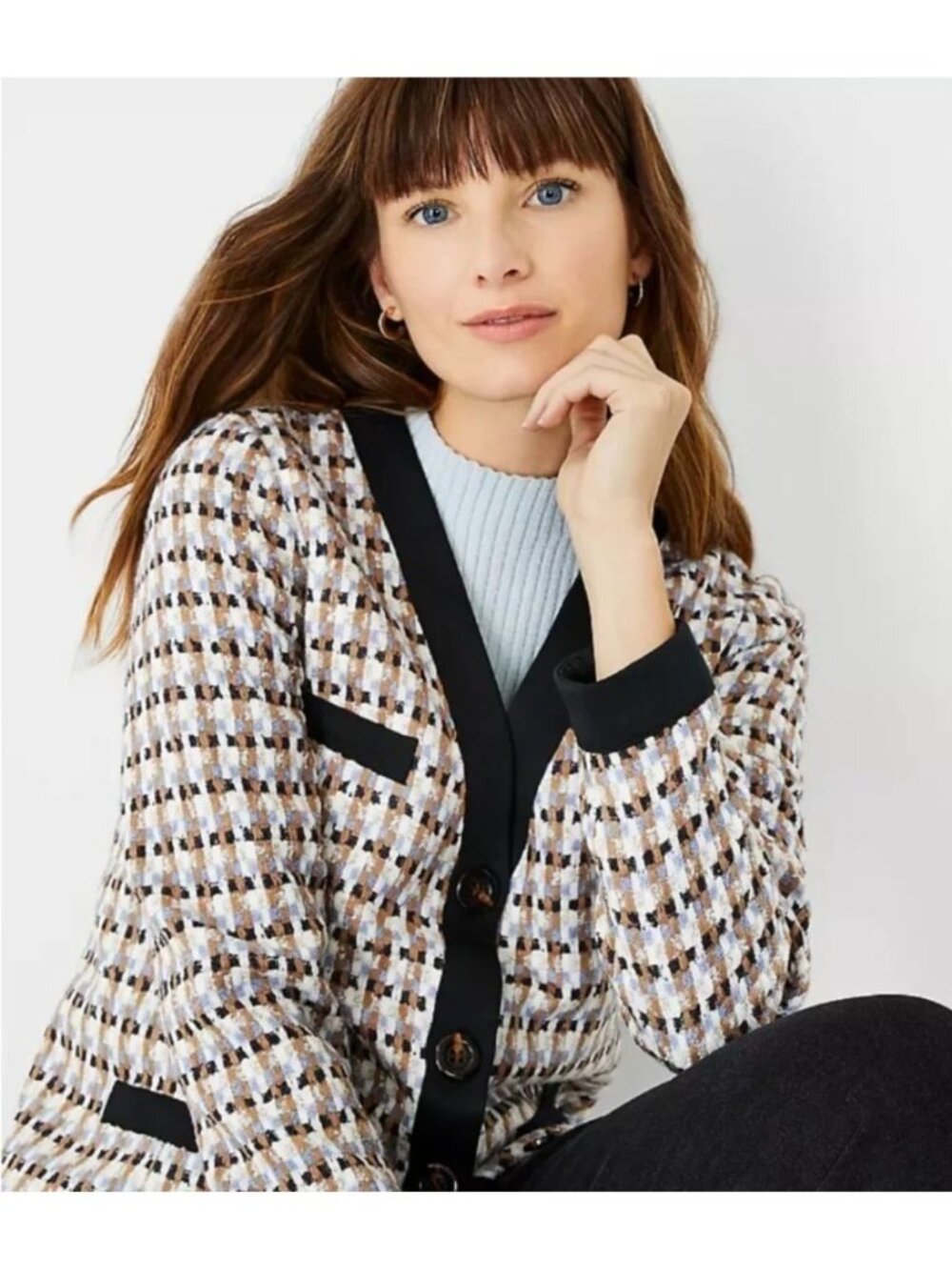 Black-Trim Patterned Tweed Cardigan Jacket - Women - Picture 3 of 10